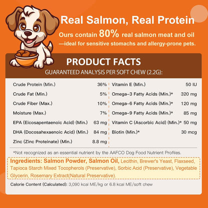 NATURE TARGET Omega 3 Aceite de Pescado para Perros, Suplemento de Piel y Pelaje con Omega 3-6-9 (EPA y DHA), Zinc, Biotina y Vitaminas E y C - 120 Golosinas Blandas Sabor Salmón