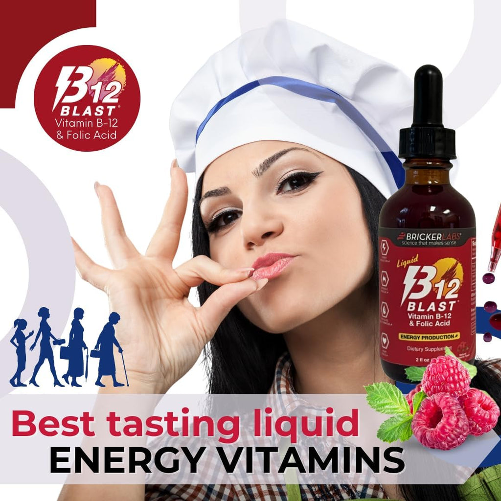 Bricker Labs B-12 Blast Liquid Vitamin B12 and Folic Acid, 59 ml (2 fl oz) - Raspberry Flavor