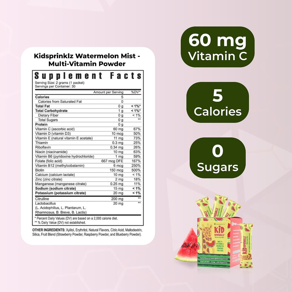 Youngevity Kidsprinklz Multivitamínico en Polvo Sabor Sandía - Multivitaminas y Probióticos para Niños - 30 Dosis