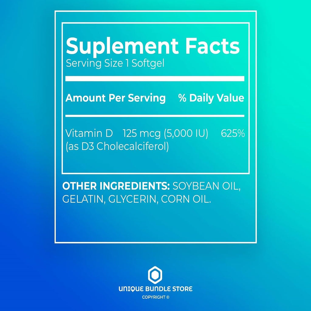 Vitamina D3 5000 IU 125 mcg - 250 Cápsulas Blandas de Alta Potencia