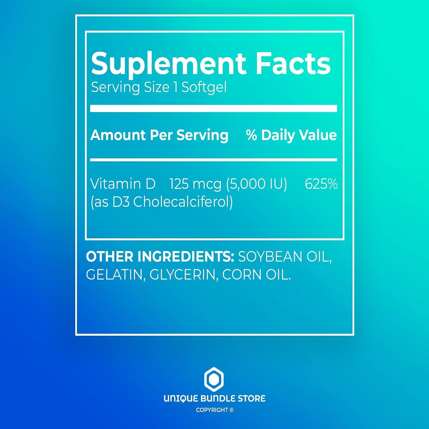 Vitamina D3 5000 IU 125 mcg - 250 Cápsulas Blandas de Alta Potencia