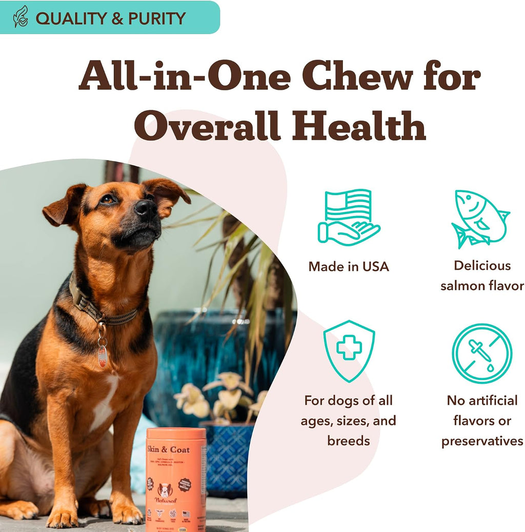 Suplemento Masticable para Perros Piel y Pelaje – Aceite de Salmón Omega 3, Biotina y Vitamina E – 180 unidades