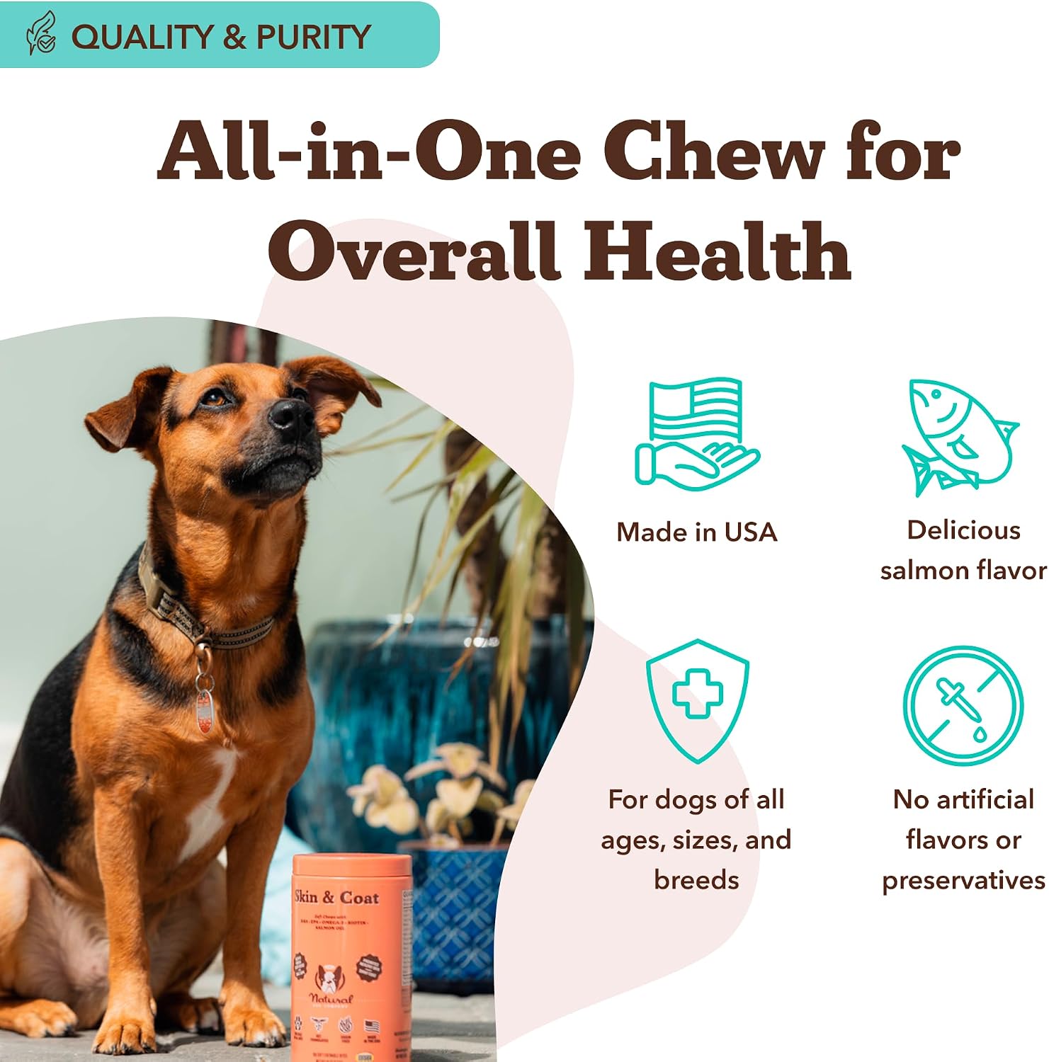 Suplemento Masticable para Perros Piel y Pelaje – Aceite de Salmón Omega 3, Biotina y Vitamina E – 180 unidades