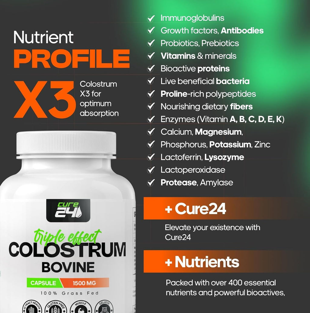 Cure24 Calostro Bovino X3 en Polvo – Suplemento 100% Puro de Pasto con Probióticos y Prebióticos