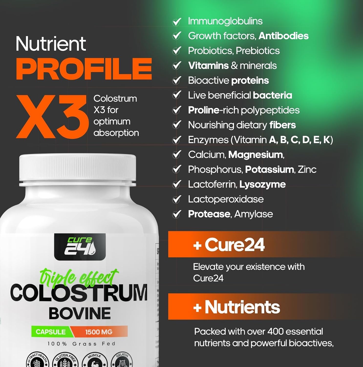 Cure24 Calostro Bovino X3 en Polvo – Suplemento 100% Puro de Pasto con Probióticos y Prebióticos