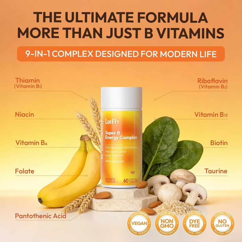LOTFLY Complejo B Completo con Vitaminas B1-B12, Taurina y Naranja Sangre - 60 Comprimidos Masticables para Hombres y Mujeres