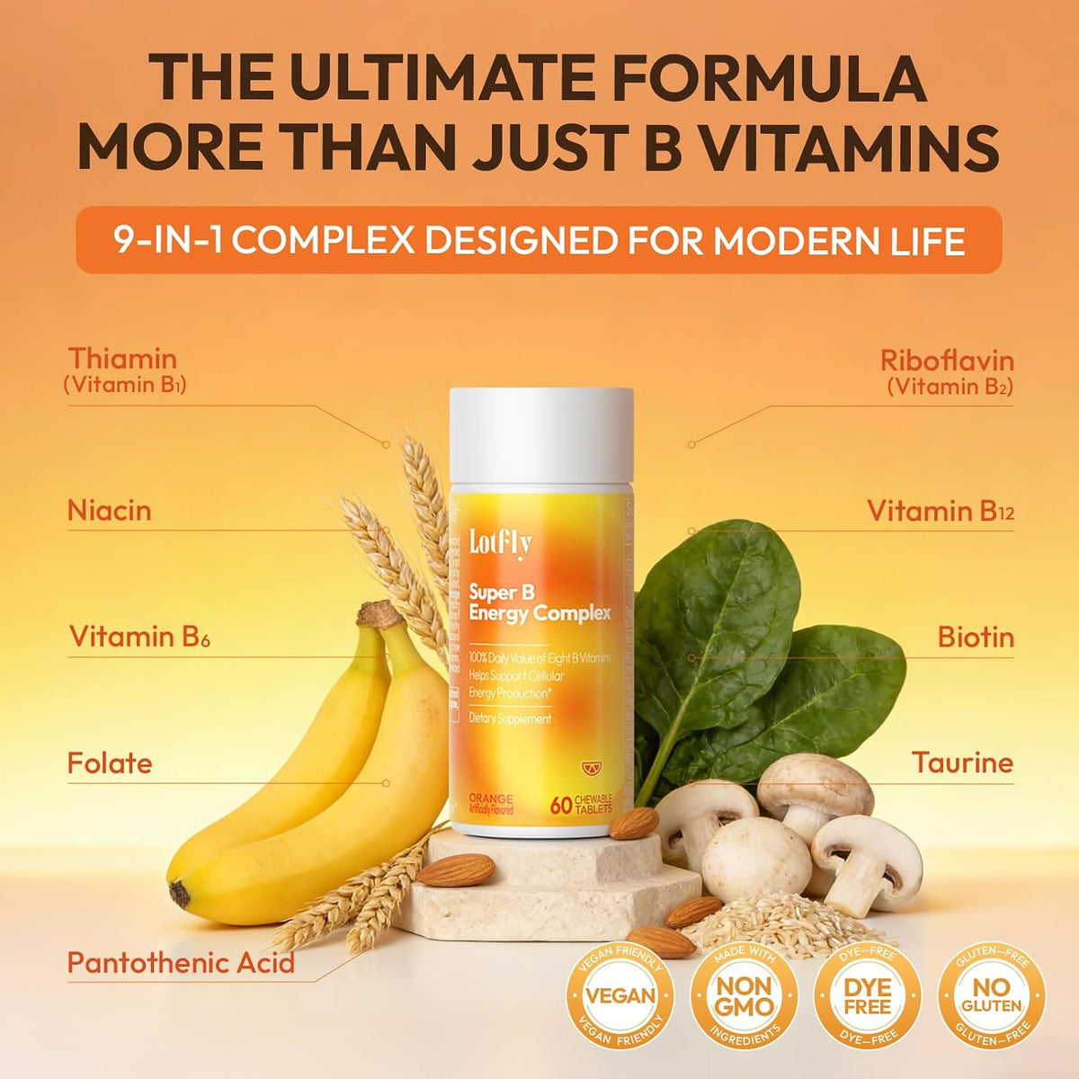 LOTFLY Complejo B Completo con Vitaminas B1-B12, Taurina y Naranja Sangre - 60 Comprimidos Masticables para Hombres y Mujeres – Image 5