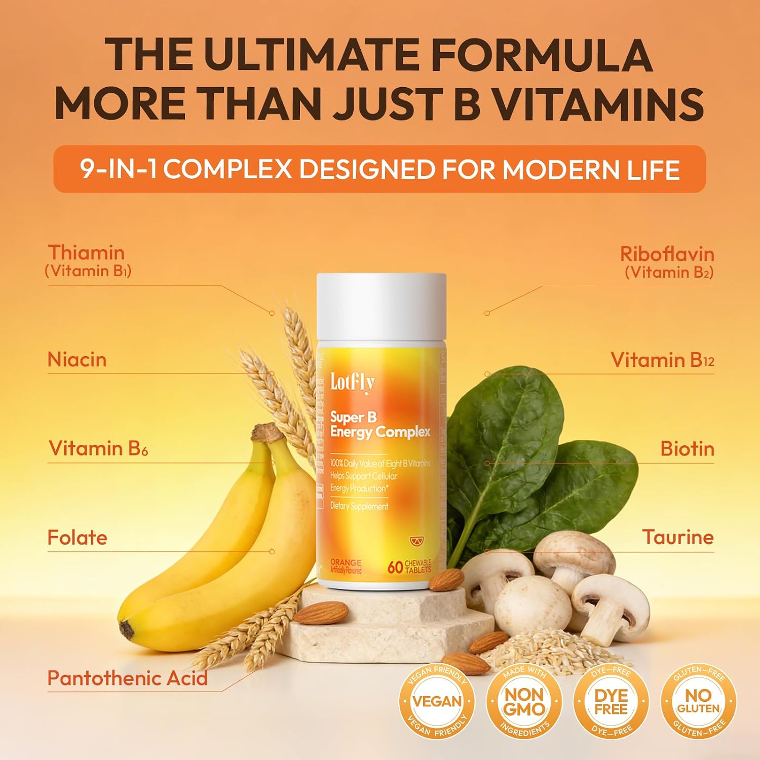 LOTFLY Complejo B Completo con Vitaminas B1-B12, Taurina y Naranja Sangre - 60 Comprimidos Masticables para Hombres y Mujeres