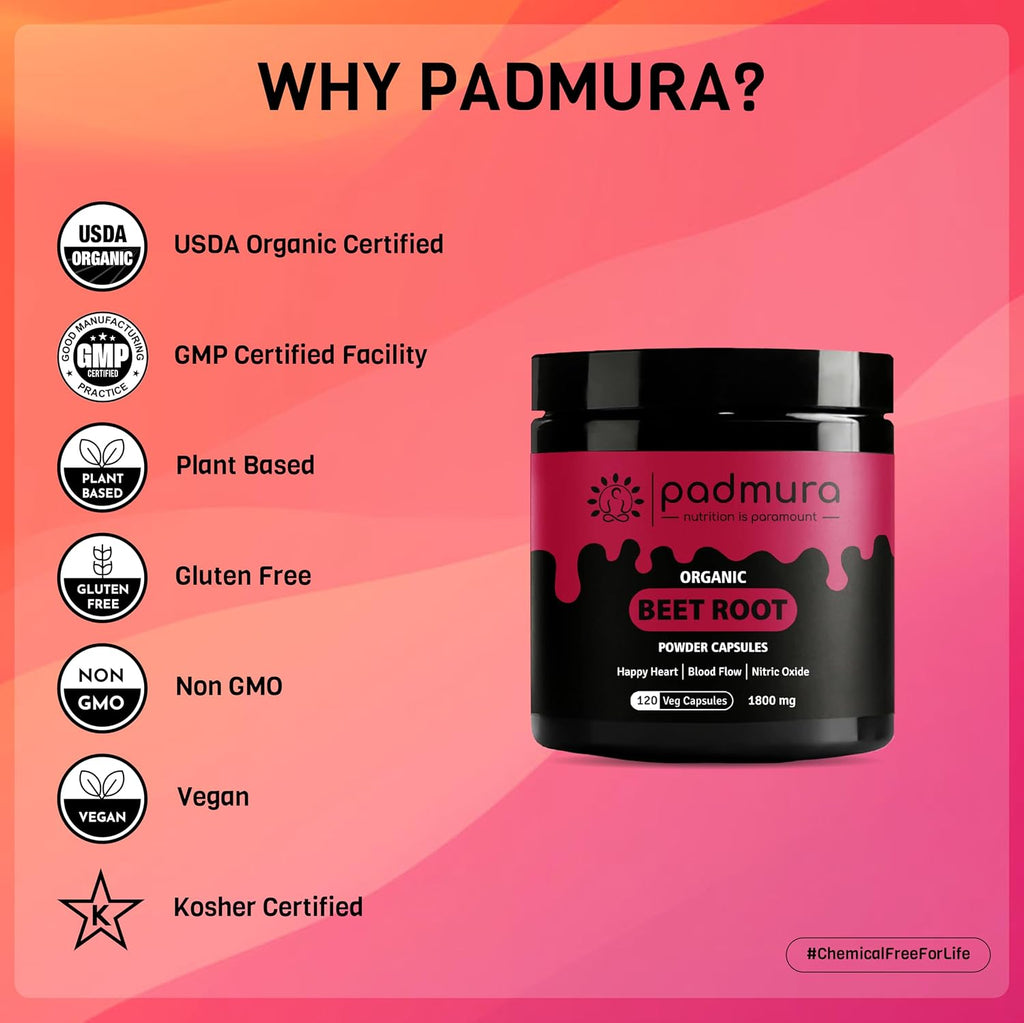 PADMURA Cápsulas de Remolacha Ecológica 1800mg - 120 Cápsulas Veganas