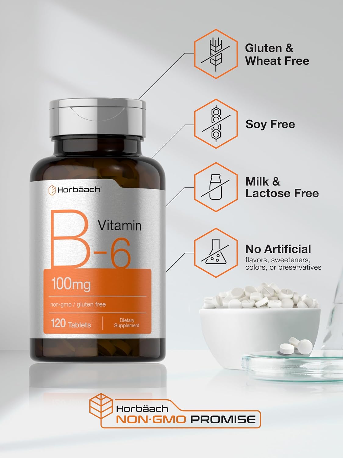 Horbaach Vitamina B6 100 mg | 120 Comprimidos | Piridoxina HCl | Vegetariano, Sin Gluten y Sin OGM