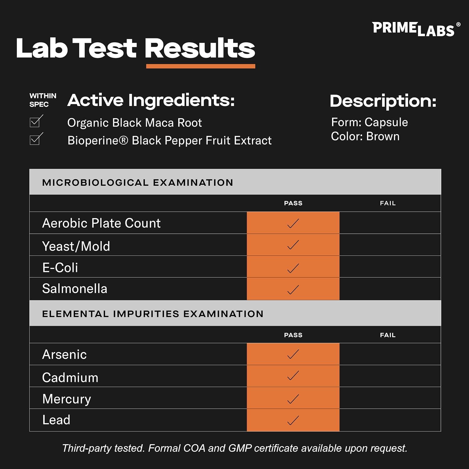 Prime Labs Maca Negra Orgánica 1200mg - Extracto 20:1 - 60 Cápsulas