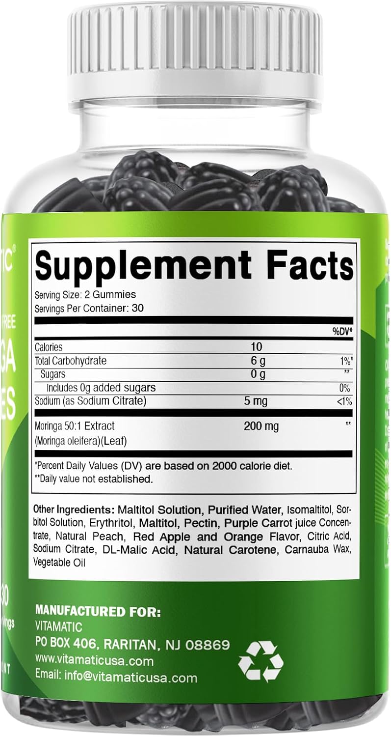 Vitamatic Moringa Gummies - Extracto Botánico Sin Azúcar - 60 Gomitas Veganas