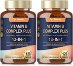 13-in-1 Vitamin B Complex Plus con Vitaminas B1, B2, B3, B4, B5, B6, B7, B8, B9, B12, C, D3, K2 - 120 Cápsulas por Frasco - 2 Frascos