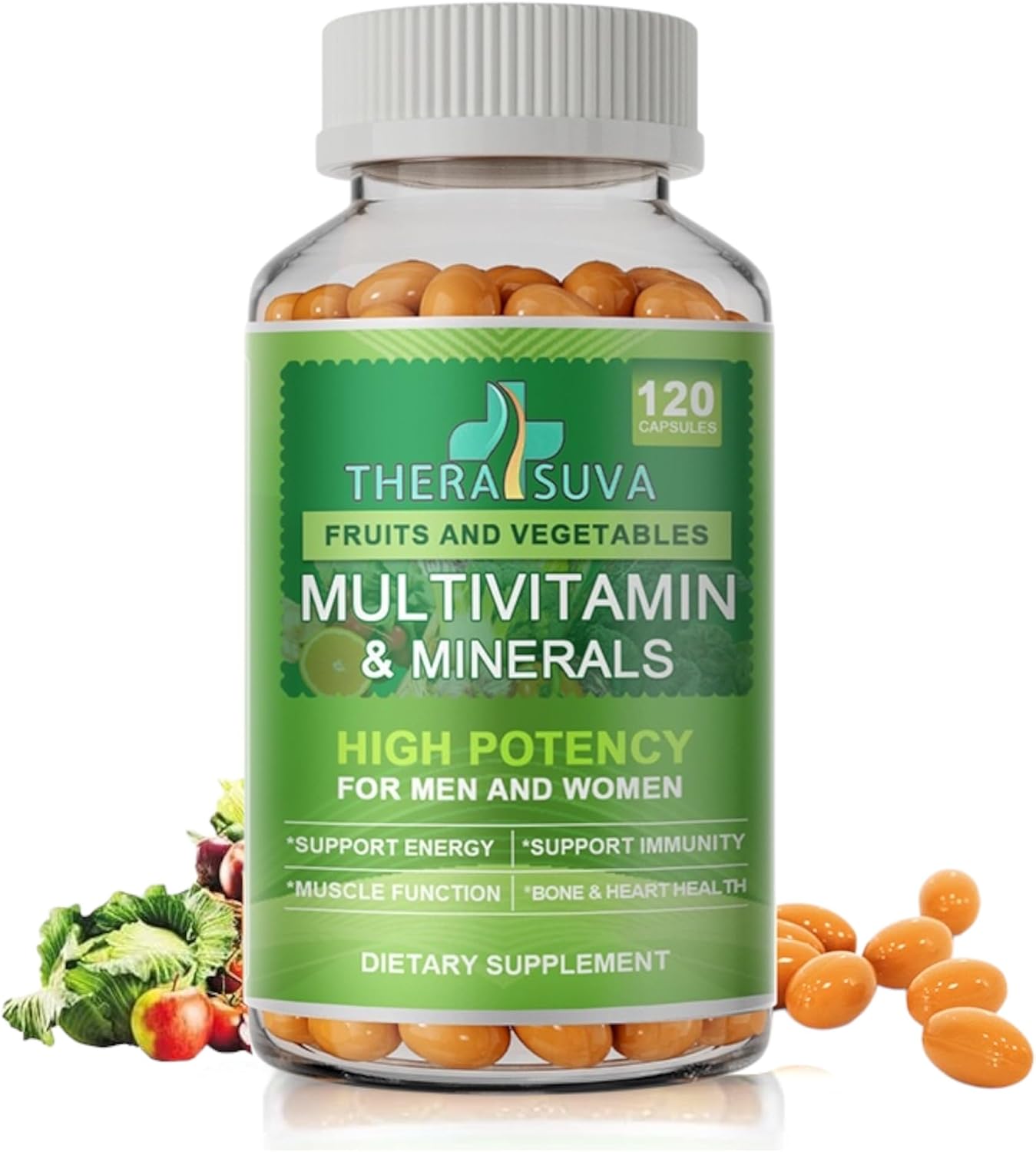 TheraSuva Multivitamínico Completo con Minerales, Complejo B, Calcio, Magnesio y Zinc - 120 Cápsulas Blandas Veganas