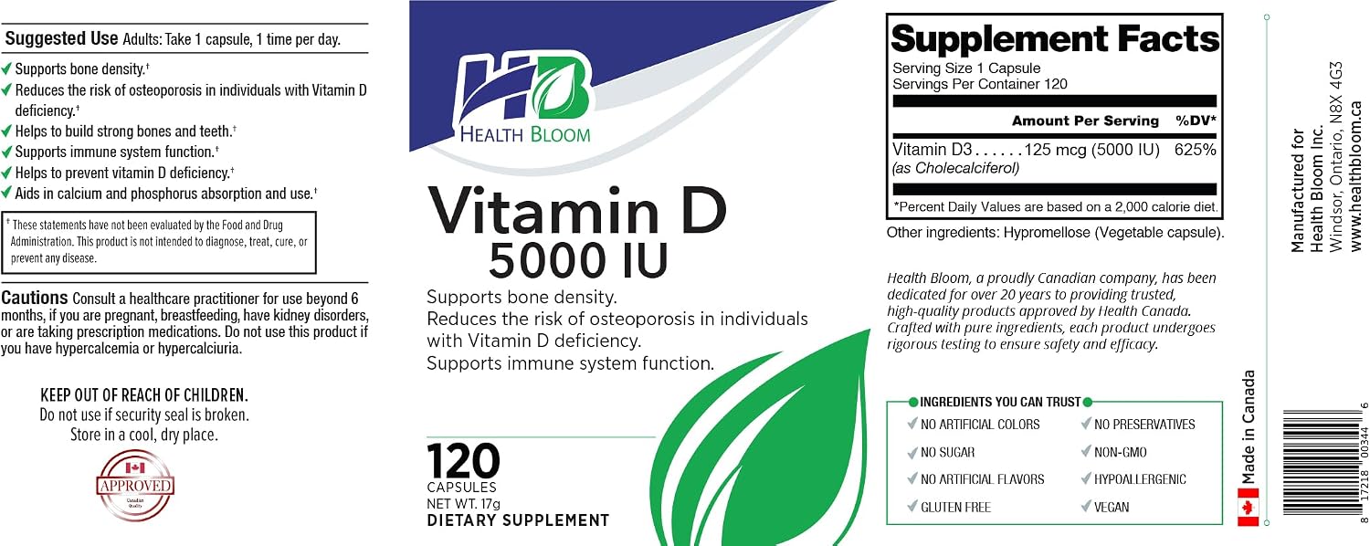 Vitamina D3 5000 UI – 120 Cápsulas – Health Bloom