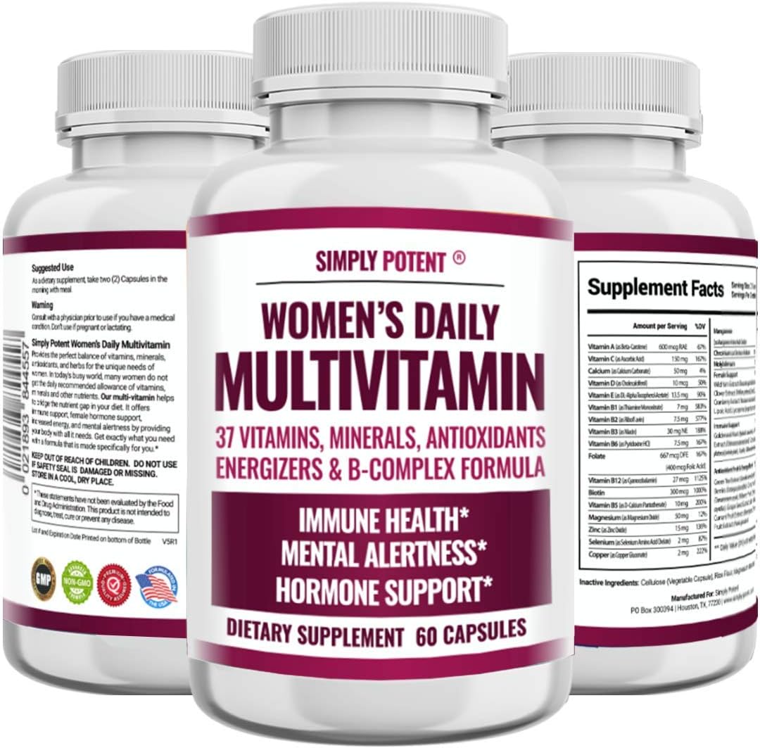 Simply Potent Multivitamínico para Mujeres – 37 Vitaminas y Minerales con Biotina, Té Verde y Complejo B, 60 Cápsulas
