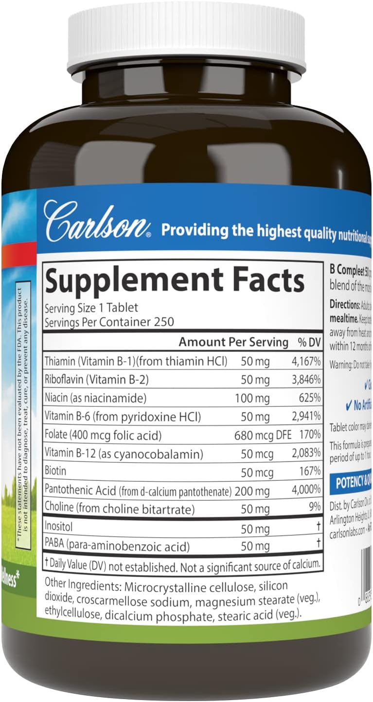 Carlson - B-Compleet 50, Balanced B Complex, 250 Tablets