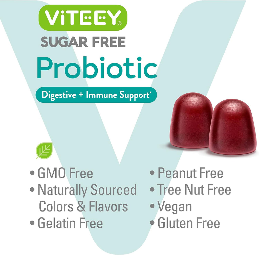 Viteey Probióticos en Gominolas Sin Azúcar - 2 Mil Millones de UFC, Sabor Frambuesa, Vegano, Sin Gelatina