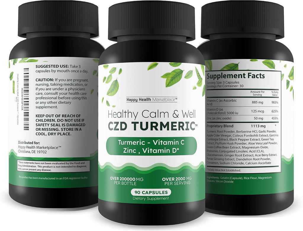 Healthy Calm & Well CDZ Cápsulas - Suplemento de Vitamina C, D, Zinc y Cúrcuma con Magnesio