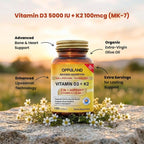 Oppuland Vitamina D3 + K2 5000 UI - Tecnología Liposomal - MK-7 Vitamina K2 100 mcg - Complemento para Huesos y Metabolismo del Calcio - 180 Cápsulas Blandas