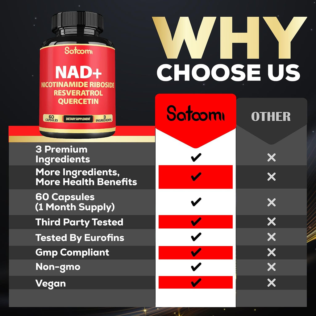 Satoomi Suplemento NAD con Nicotinamida Ribósido, Resveratrol y Quercetina - 60 Cápsulas - 30 Días