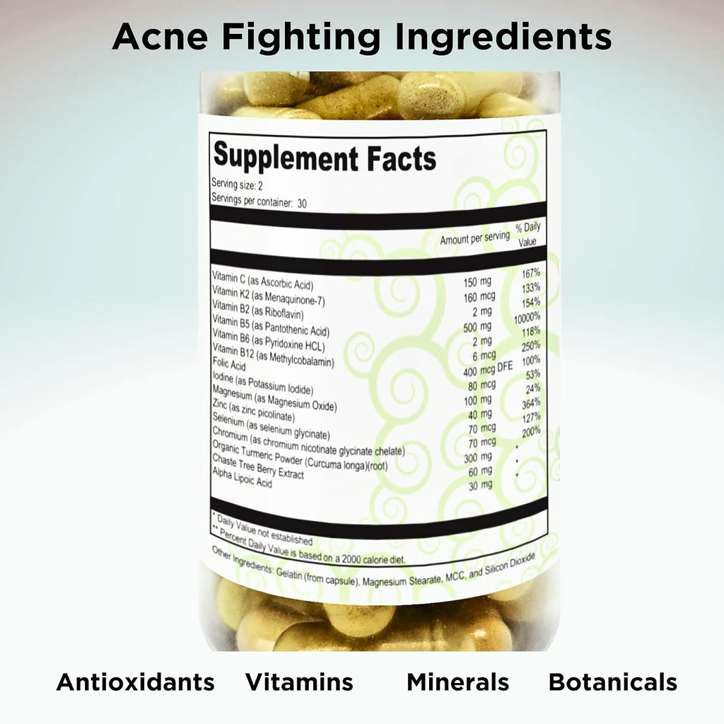 Clear Skin Acne Vitamins - Cápsulas para Piel Limpia con B5, Zinc y Vitex
