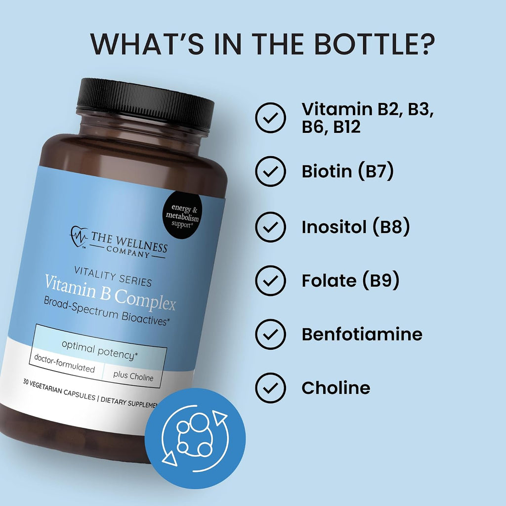 Complejo B de The Wellness Company – Recuperación Muscular, Concentración y Resiliencia, Vitaminas B Metiladas de Amplio Espectro | 30 Cápsulas (1 Mes de Suministro)