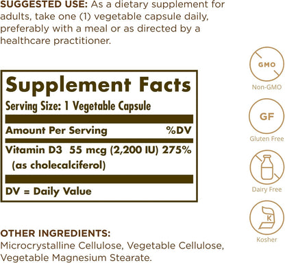 Solgar Vitamina D3 (Colecalciferol) 55 mcg – El mantenimiento de los niveles normales de calcio en sangre. – Image 2