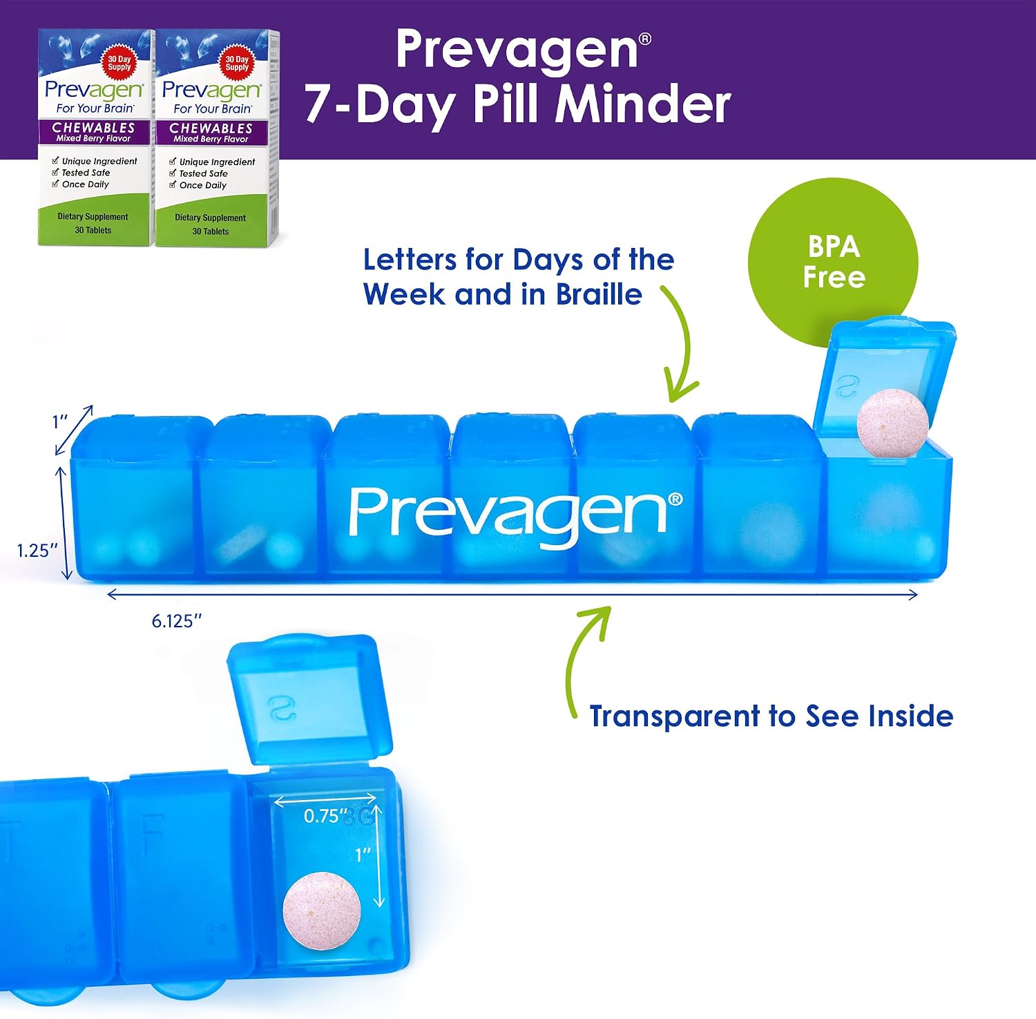Prevagen Chewables Sabor Frutas del Bosque, Fórmula Regular - 60 Comprimidos (Suministro para 2 meses) | Formulado para tu Bienestar | 10 mg de Apoaequorina + Vitamina D3 con Pastillero Semanal