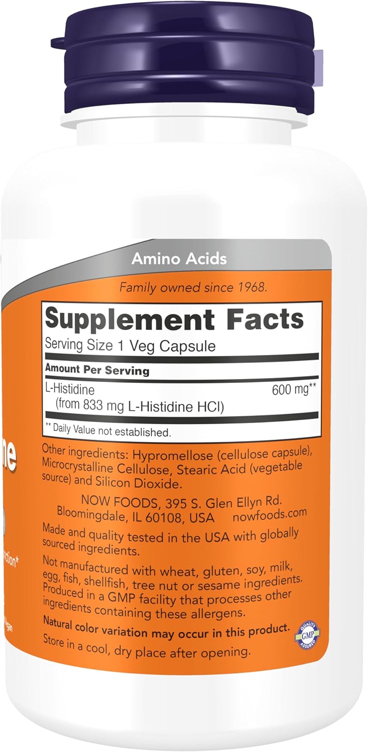 NOW Foods L-Histidina 600 mg, 60 Cápsulas Veganas
