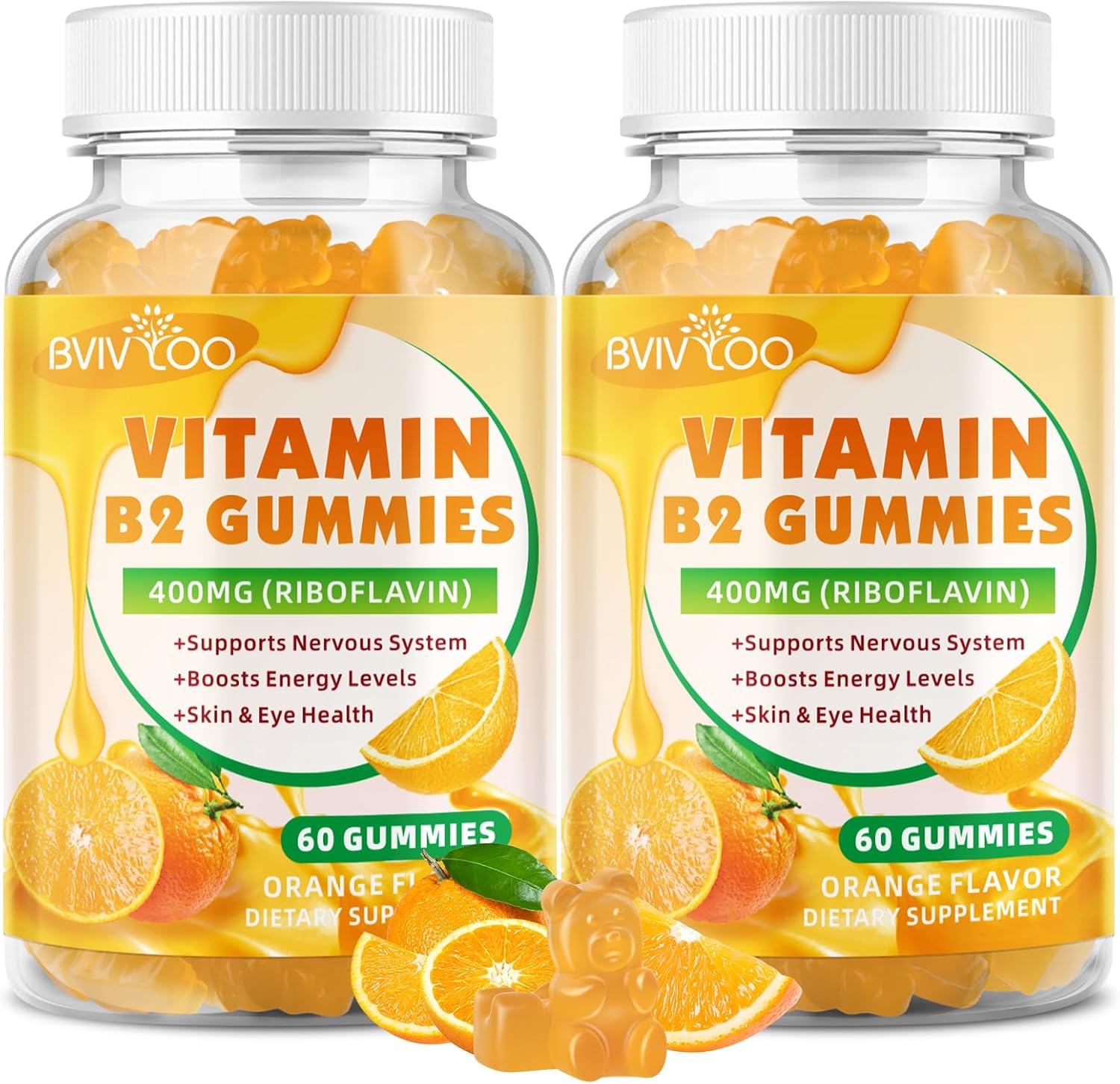 Gominolas de Vitamina B2 400mg - Riboflavina - Pack de 2 - Vegano, Sin Azúcar, Sabor Naranja - 120 Gominolas