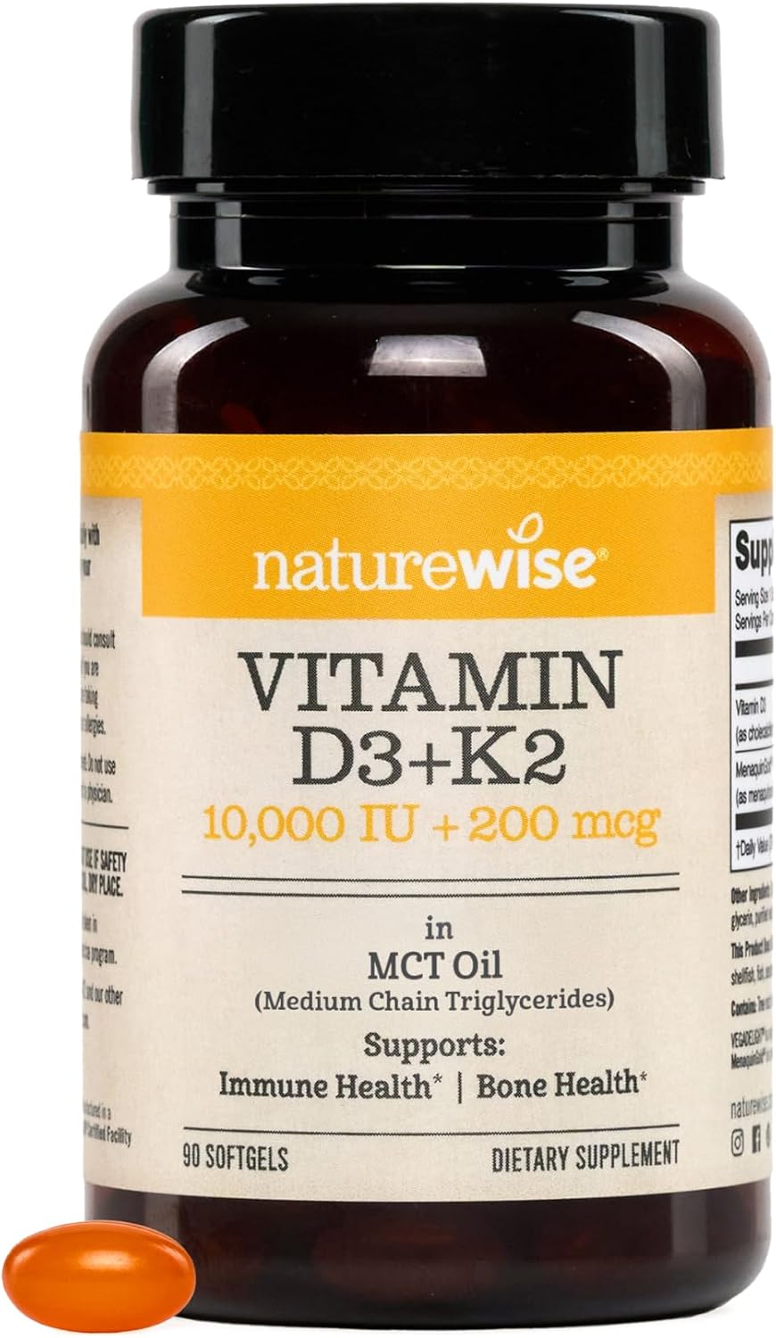 NatureWise Vitamina D3 + K2 Vegana en Aceite MCT de Coco Orgánico - 10.000 UI D3 + 200 mcg K2 - Apoyo Óseo - No-GMO - 90 Cápsulas Blandas