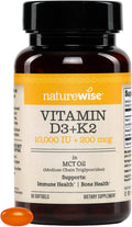 NatureWise Vitamina D3 + K2 Vegana en Aceite MCT de Coco Orgánico - 10.000 UI D3 + 200 mcg K2 - Apoyo Óseo - No-GMO - 90 Cápsulas Blandas