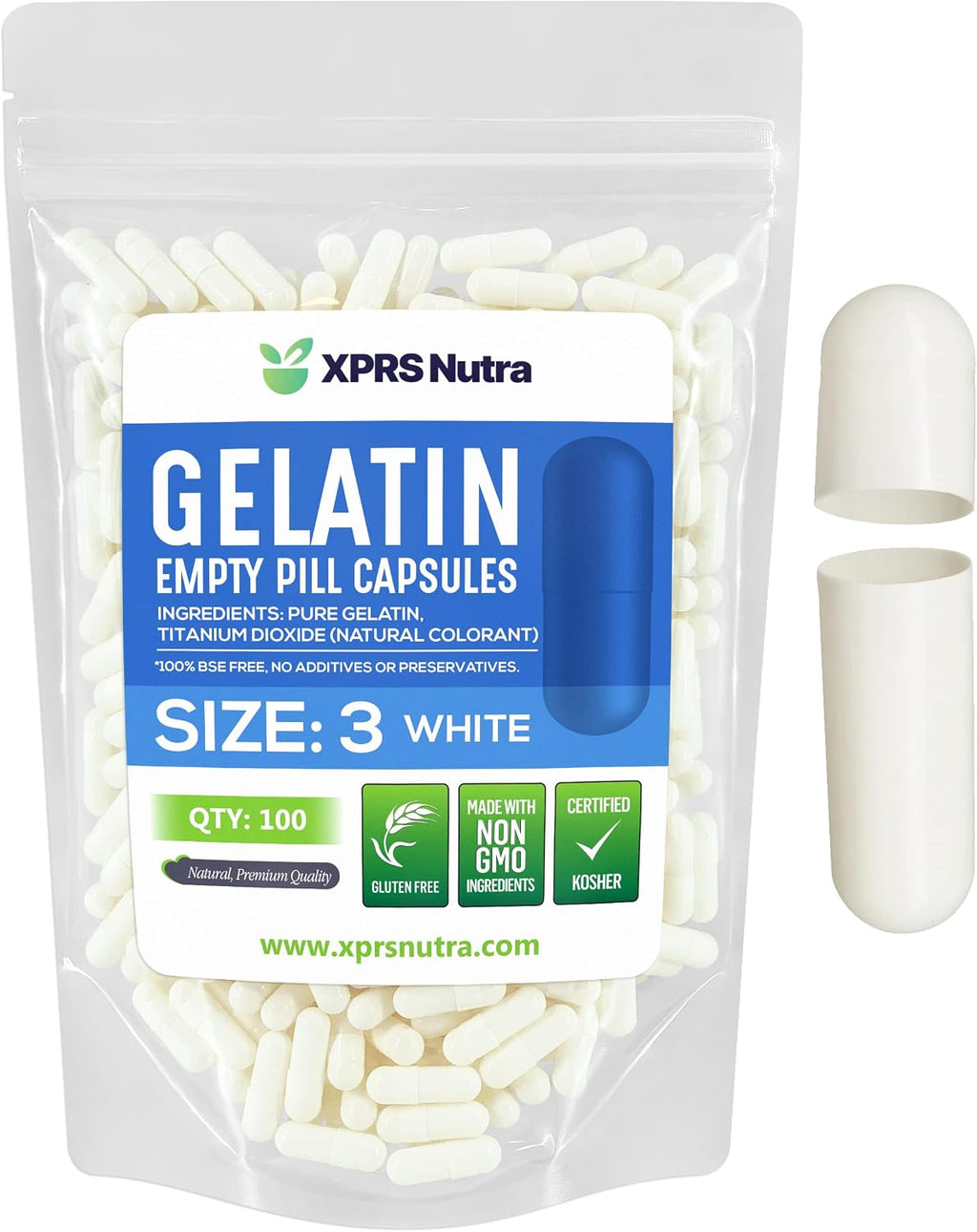 XPRS Nutra Cápsulas Vacías Tamaño 3 - 100 Unidades de Gelatina Bovina para Rellenar