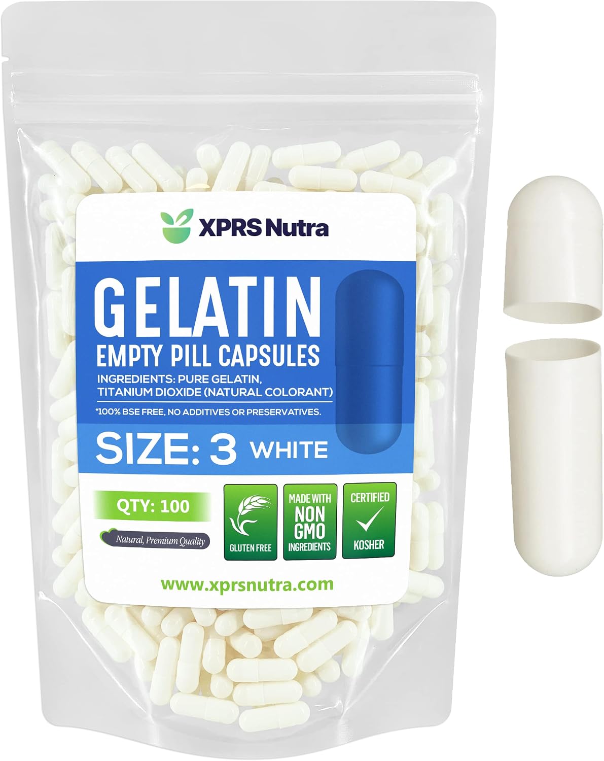 XPRS Nutra Cápsulas Vacías Tamaño 3 - 100 Unidades de Gelatina Bovina para Rellenar