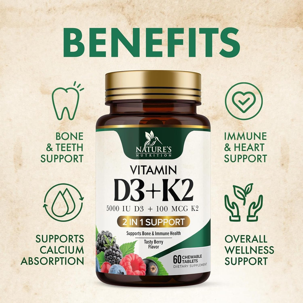 Nature's Nutrition Vitamina D3 K2 5000 UI + 100 mcg MK-7 - 60 Comprimidos Masticables