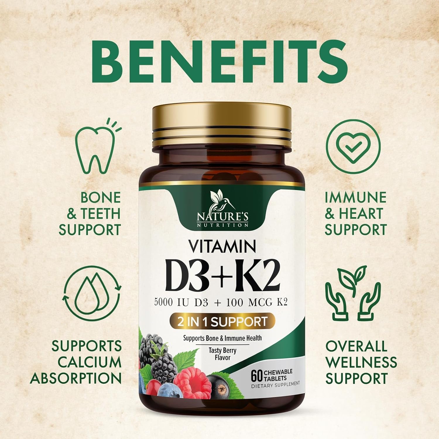 Nature's Nutrition Vitamina D3 K2 5000 UI + 100 mcg MK-7 - 60 Comprimidos Masticables