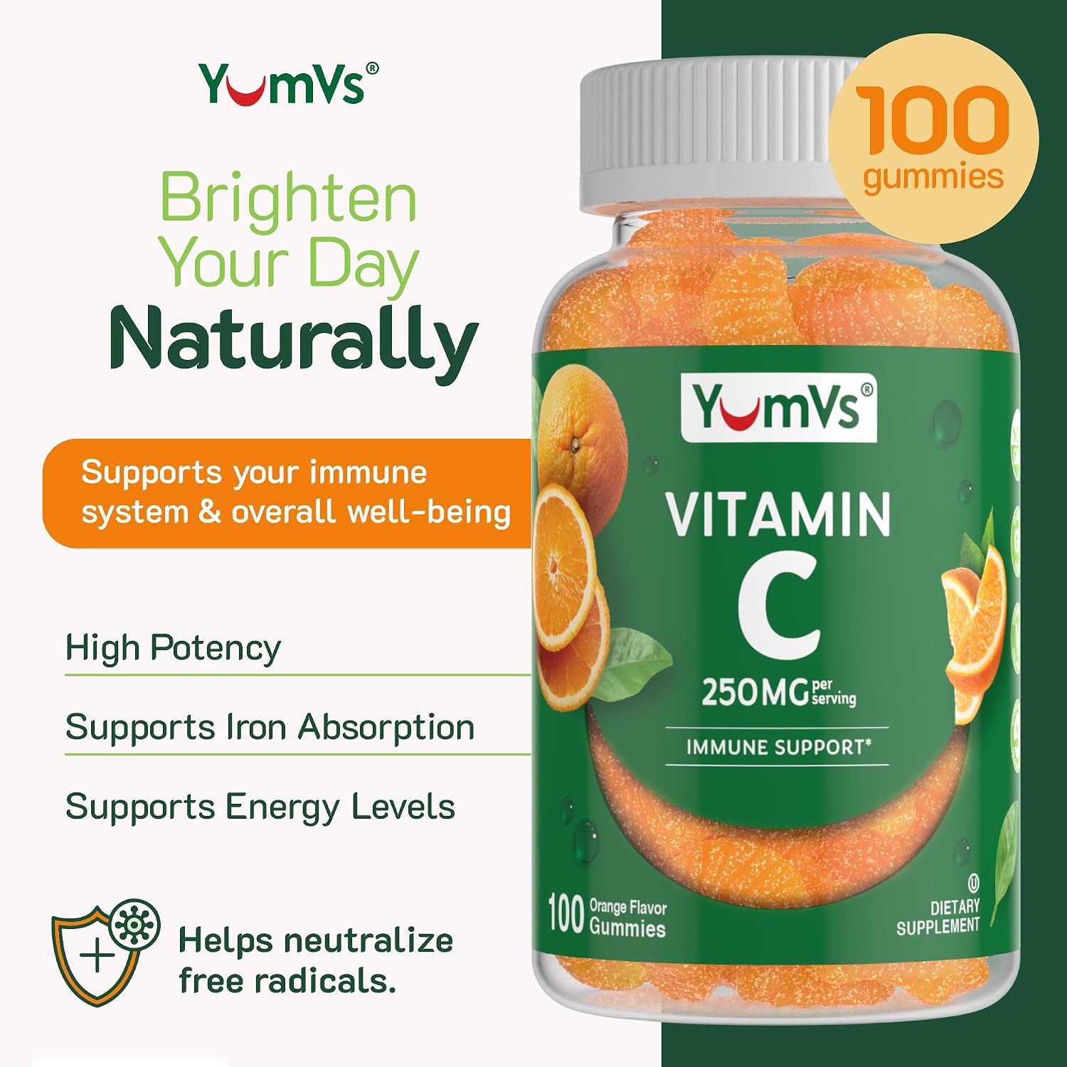 YUM-V'S Gominolas de Vitamina C para Adultos - 250 mg - Sabor Naranja - 100 Gominolas