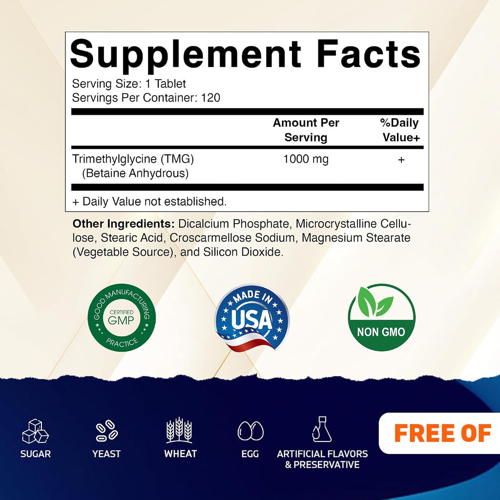 Vitamatic TMG 1000mg - Betaina Anhidra - 120 Comprimidos (3 Botellas)