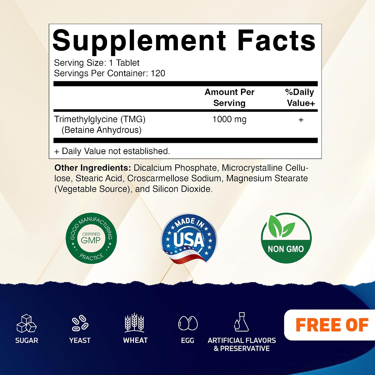 Vitamatic TMG 1000mg - Trimetilglicina (Betaína Anhidra) - 120 Comprimidos (2 Envases)