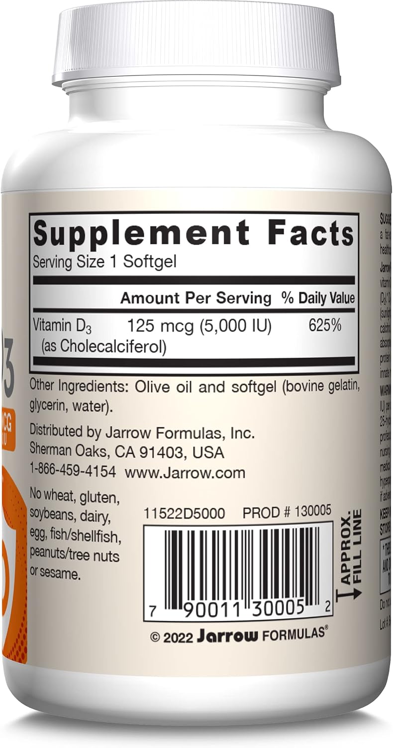 Jarrow Formulas Vitamin D3 5000 IU (125 mcg) - 100 Softgels - Gluten Free