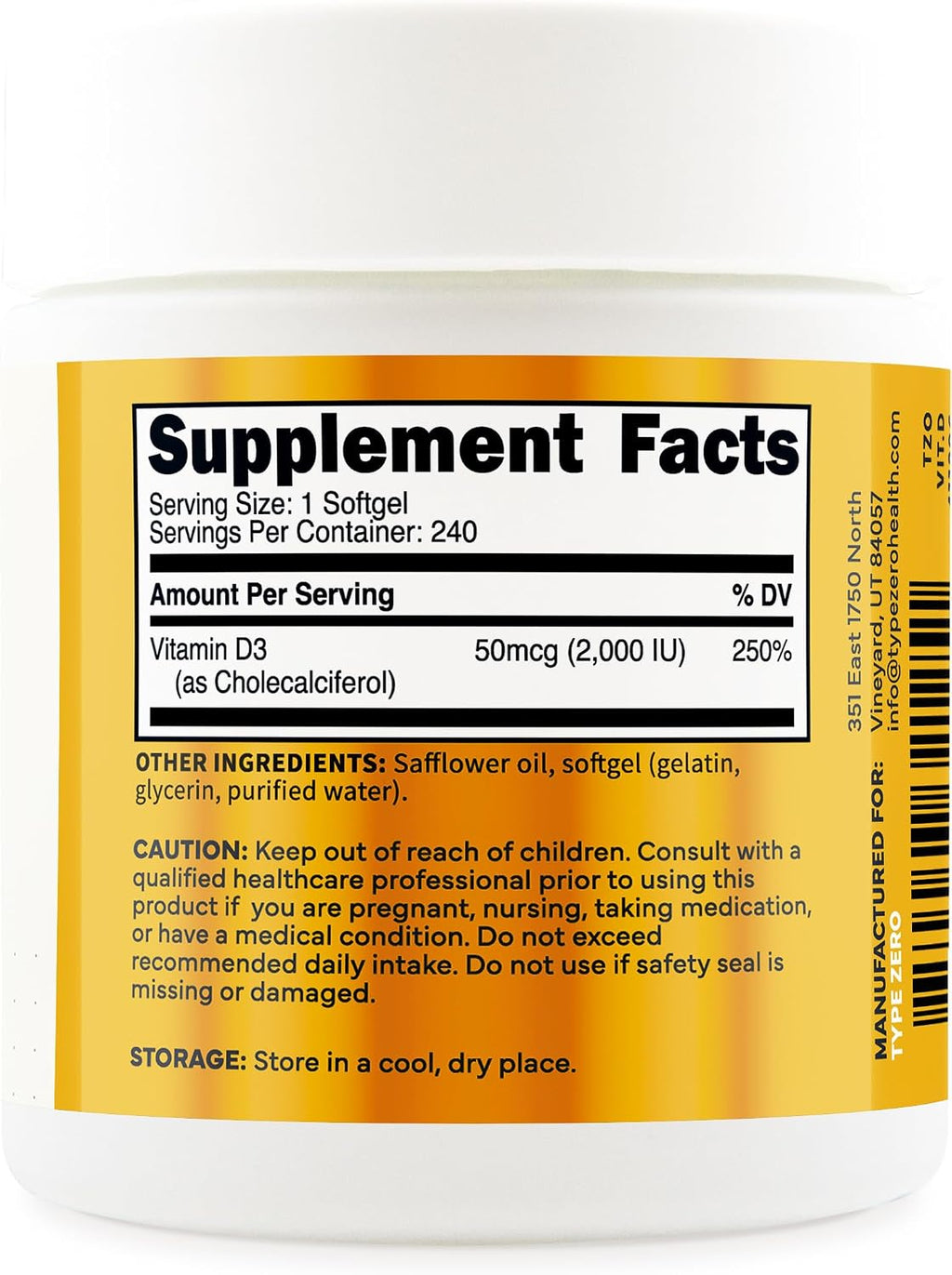 Type Zero Vitamina D3 2000 UI, 240 Cápsulas Blandas - No Transgénico y Sin Gluten