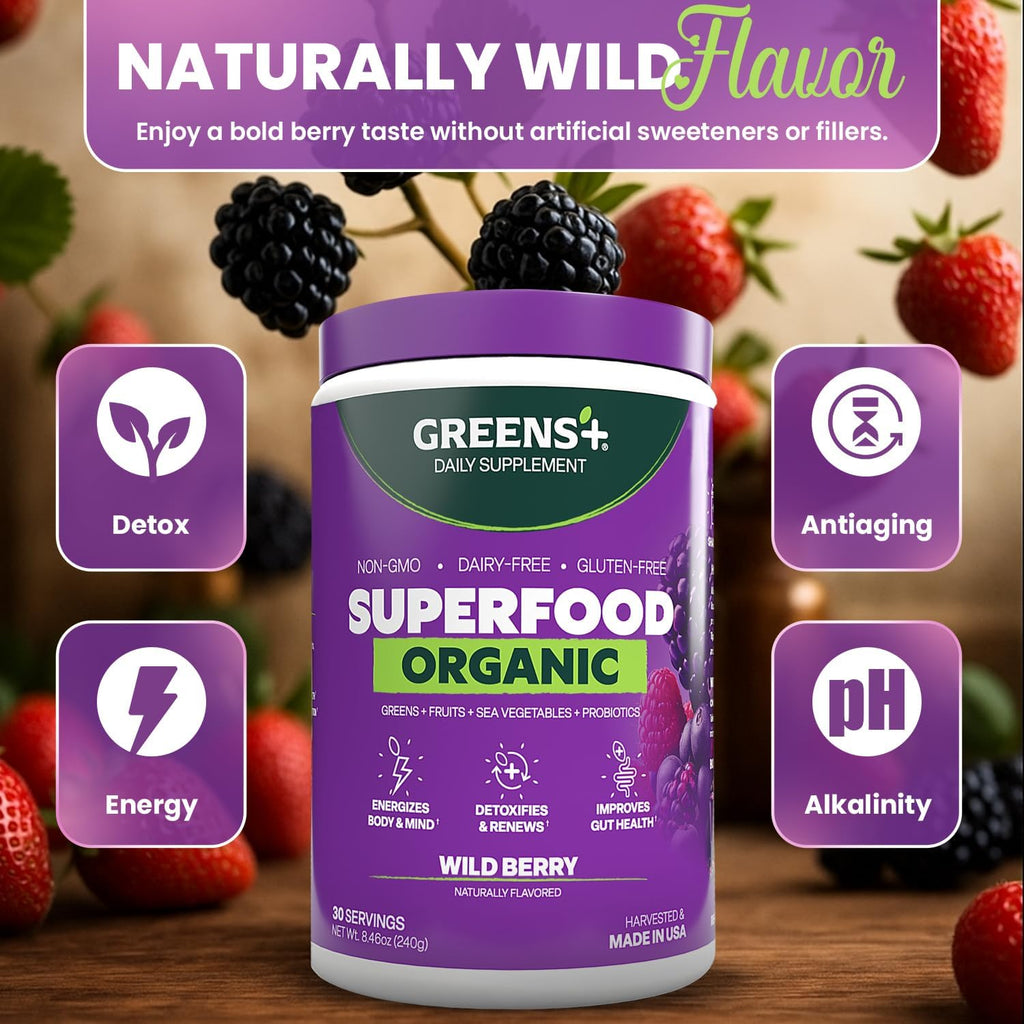 Greens+ Organic Wild Berry Superfood Powder - Suplemento vegano con antioxidantes, energía y vitalidad (240 g)