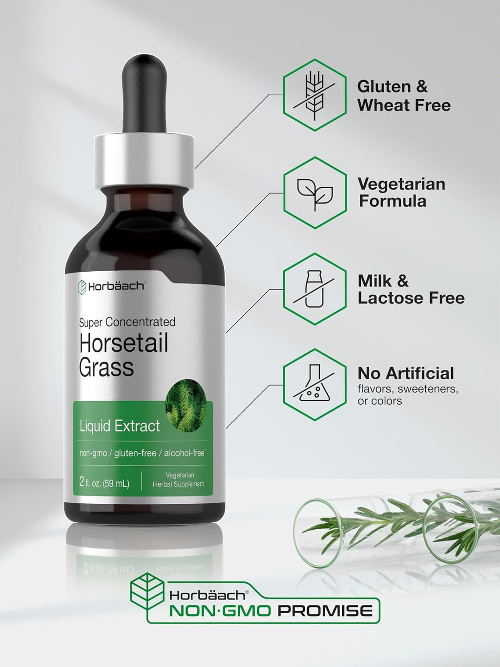 Horbäach Extracto Líquido de Cola de Caballo | Sin Alcohol | 2 fl oz | Vegano, No-GMO y Sin Gluten