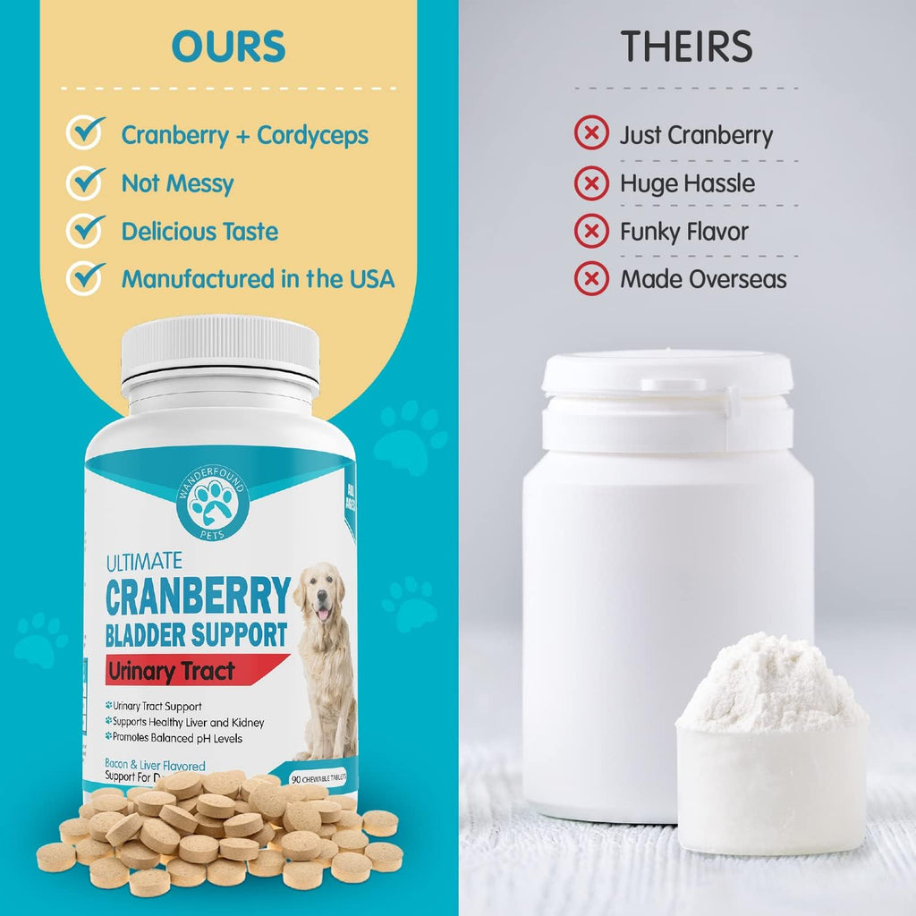 Wanderfound Pets Ultimate Cranberry – Apoyo para la vejiga e infecciones urinarias en perros – 90 comprimidos masticables sabor bacon e hígado
