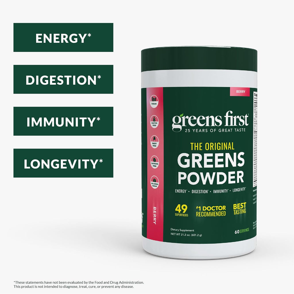 Greens First Original Greens Powder - 49 Superfoods - Organic Fruits and Vegetables - Prebiotics, Probiotics & Digestive Enzymes - Antioxidant Smoothie - Dairy Free, Vegan & Non-GMO - Berry Flavor - 60 Servings