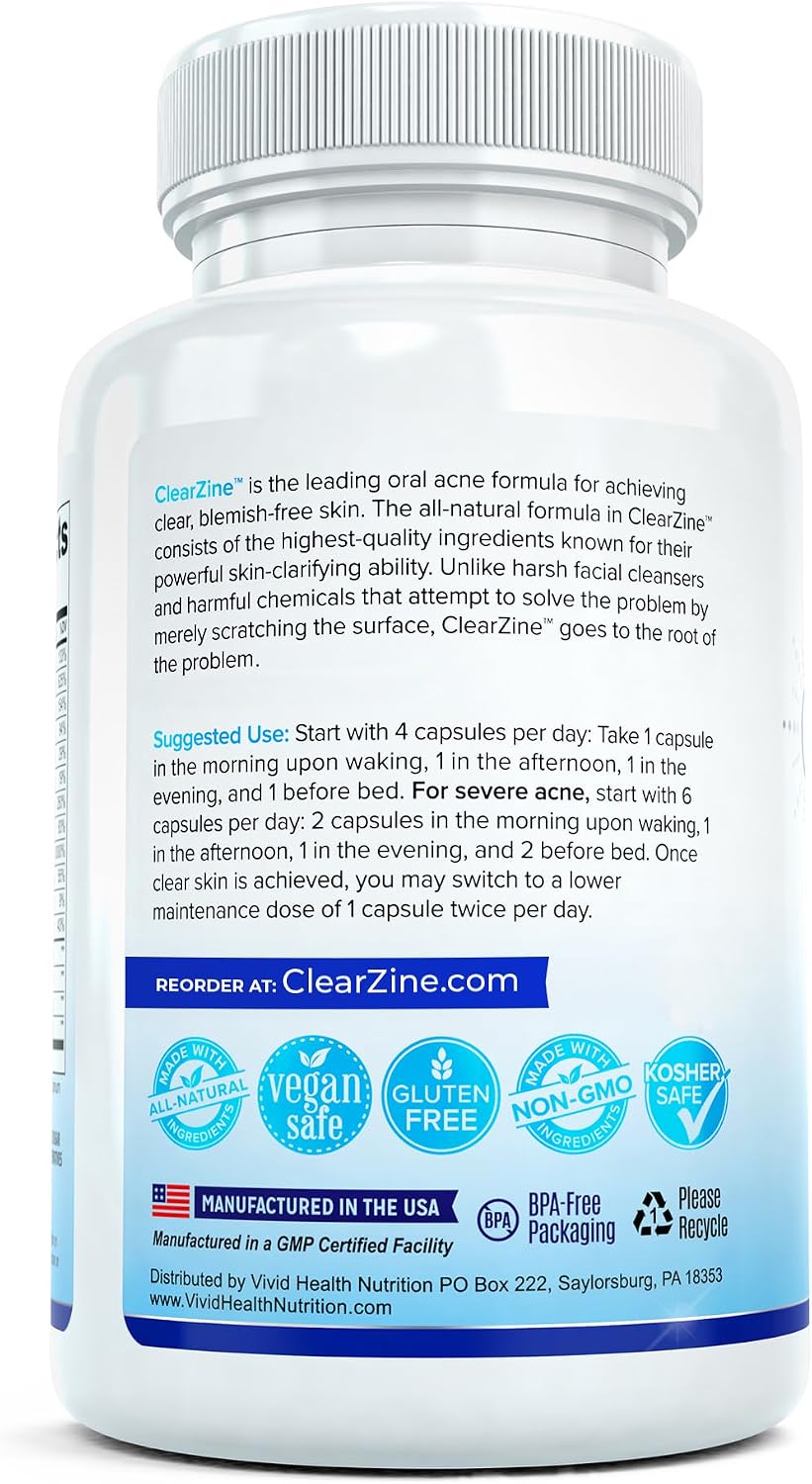 ClearZine Acne Pills - Suplemento para el acné (2 frascos, 90 cápsulas cada uno)