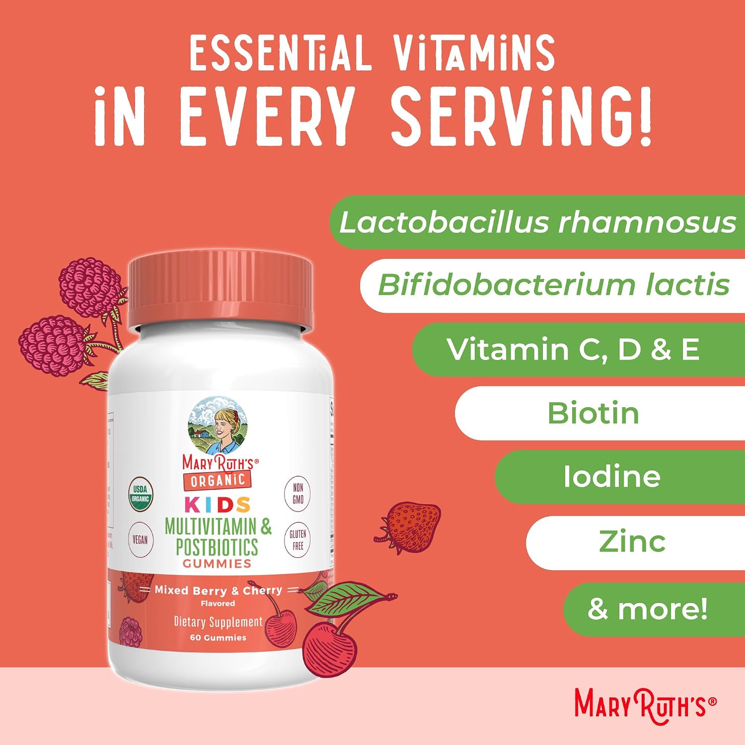 MARYRUTH'S Gomitas Multivitamínicas Orgánicas con Postbióticos para Niños a partir de 4 años, 60 unidades