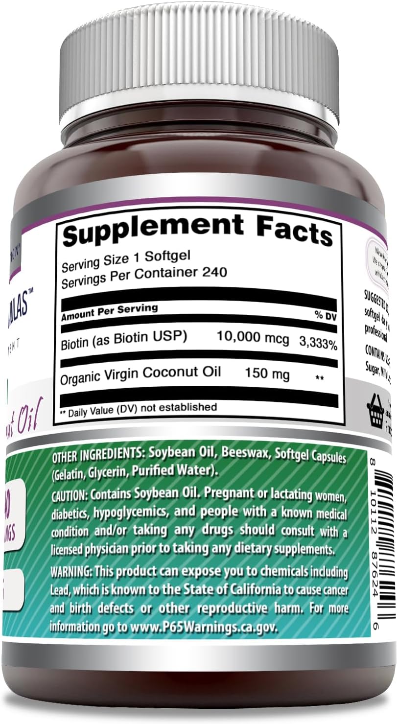 Amazing Formulas Biotina 10000 mcg con Aceite de Coco Virgen Extra - 240 Cápsulas