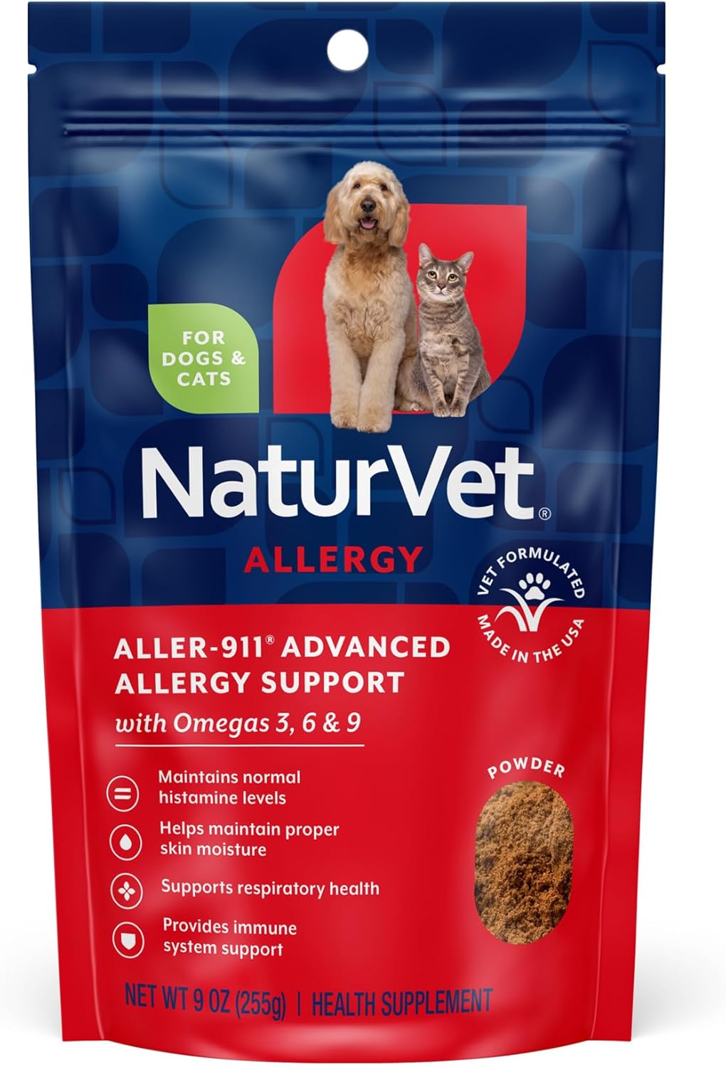 NaturVet Aller-911 Fórmula Antialérgica Avanzada en Polvo con Antioxidantes para Perros y Gatos, 255 g